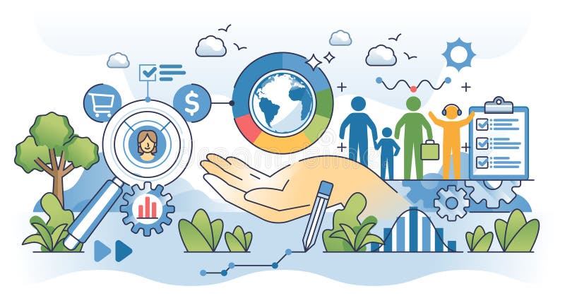 Market segmentation and society behavior analysis outline hands concept stock illustration