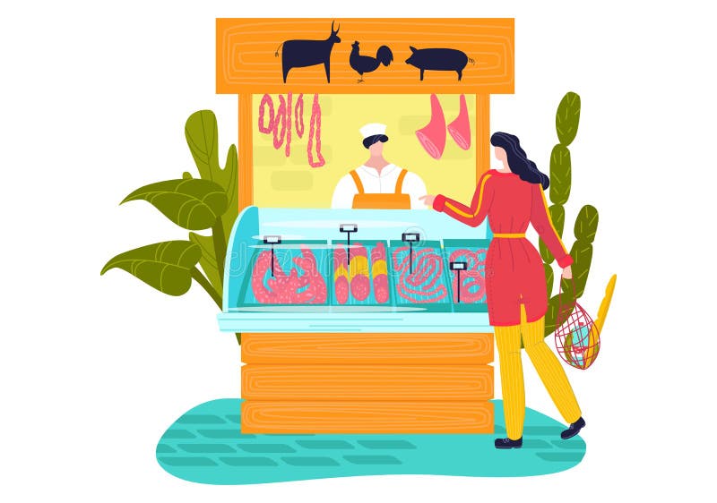 Market stall, meat products flat style, street shop, beef from farm, fresh pork, cartoon vector illustration, isolated vector illustration