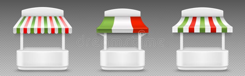 Market stalls with awning with red and green stripes. Summer street kiosks with striped canopy, white sale stands isolated on transparent background, vector 3d illustration. Market stalls with awning with red and green stripes. Summer street kiosks with striped canopy, white sale stands isolated on transparent background, vector 3d illustration