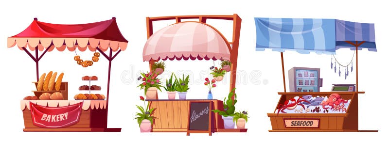 Market stalls with flowers, bakery and seafood. Grocery and plants wooden kiosks with tents, traditional marketplace stands isolated on white background, vector cartoon illustration