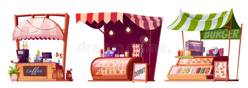 Market stalls with street food. Wooden kiosks with donuts, burges and coffee. Marketplace stands with fastfood isolated on white background, vector cartoon illustration