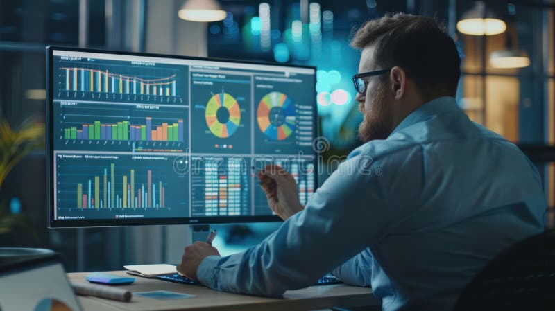A marketer analyzing customer data on a computer screen stock illustration