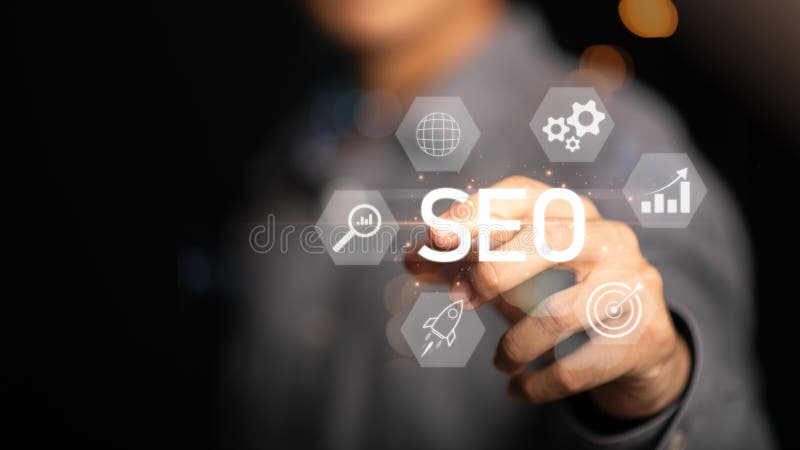 Marketer showing SEO concept ,optimization analysis tools, search engine rankings, social media sites based on results analysis royalty free stock image