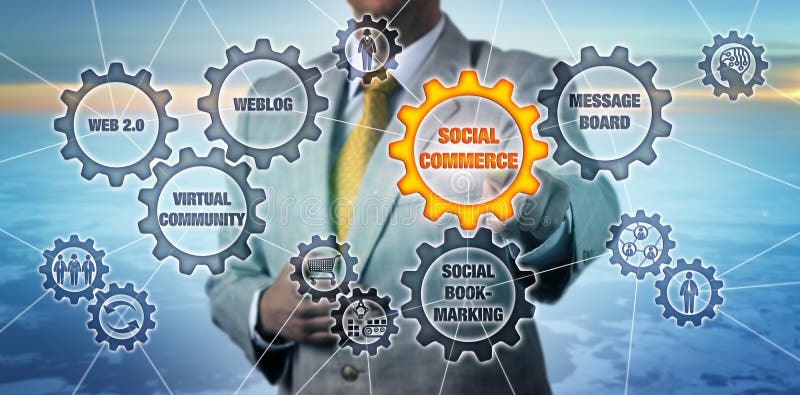 Marketer Touching Social Commerce Cogwheel royalty free stock image