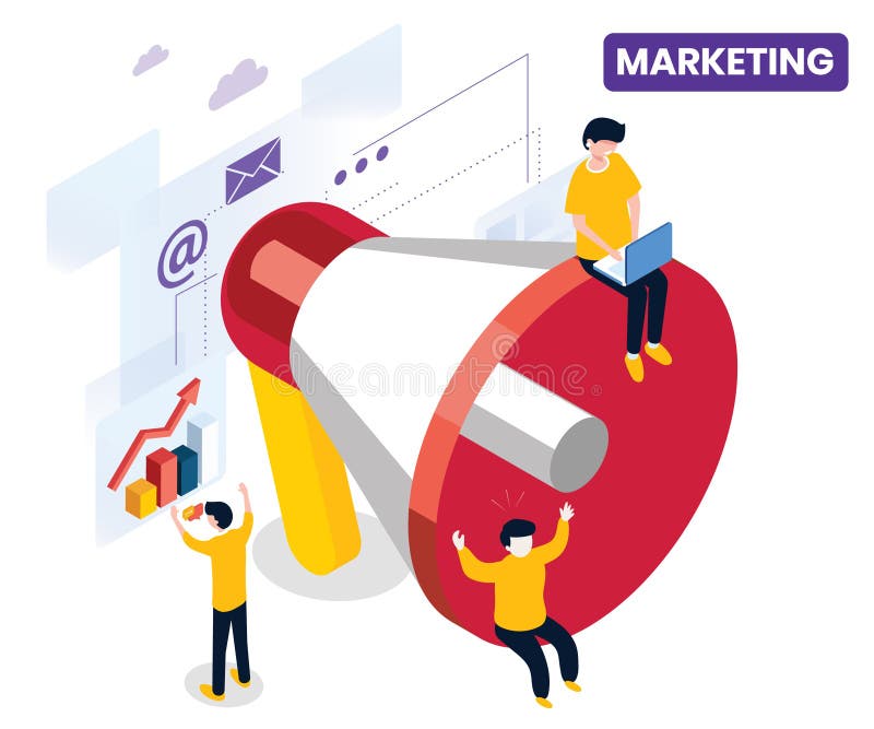 Marketing a Company through a campaign to grow the business Isometric Artwork Concept stock illustration Marketing a Company through a campaign to grow the business Isometric Artwork Concept stock illustration
