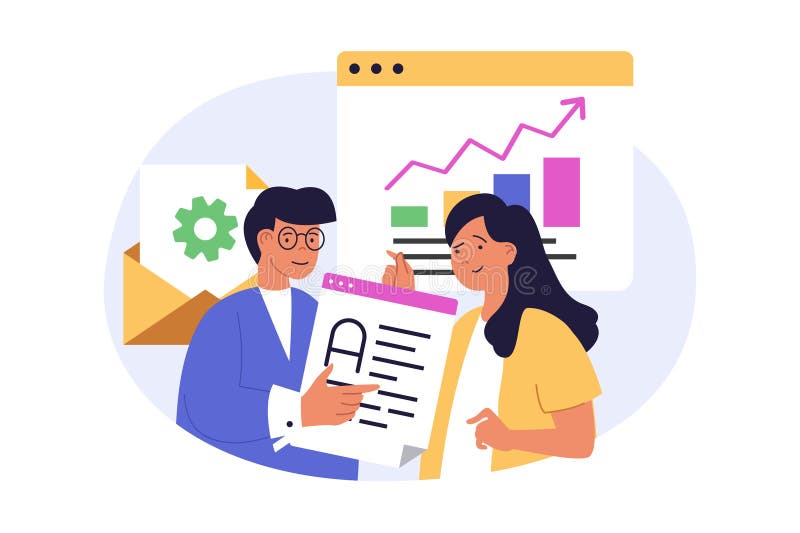 Marketing and development concept in modern flat design for web. Man and woman analyzing business data, creating stock illustration