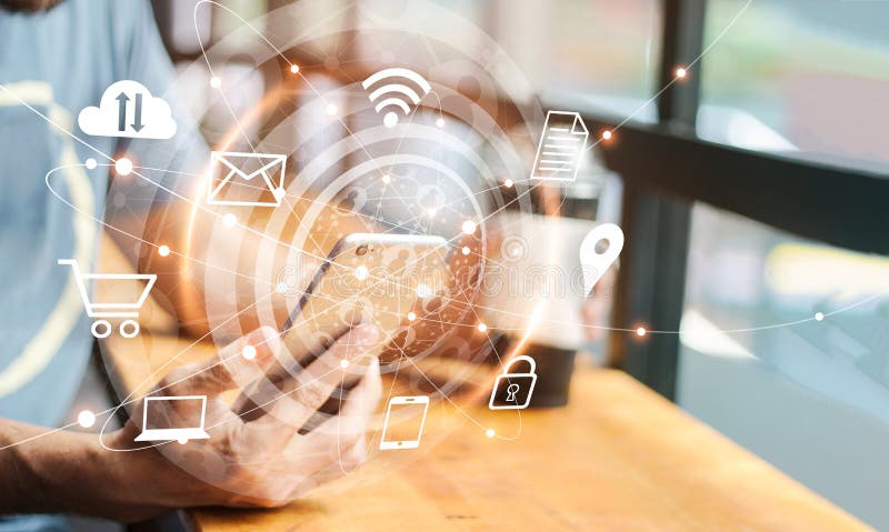 Marketing digital abstract. om care utilizează rețeaua globală mobilă royalty free stock photography