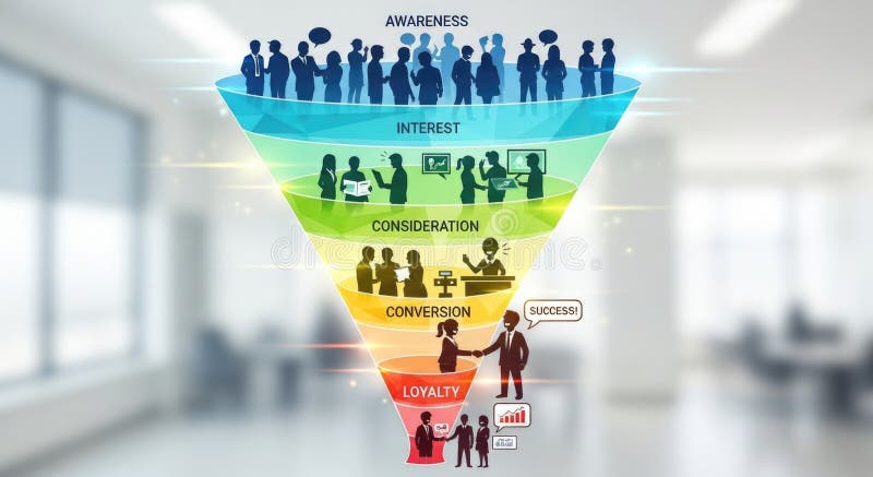 Marketing funnel diagram with stages of awareness, interest, consideration, conversion, and loyalty stock photography