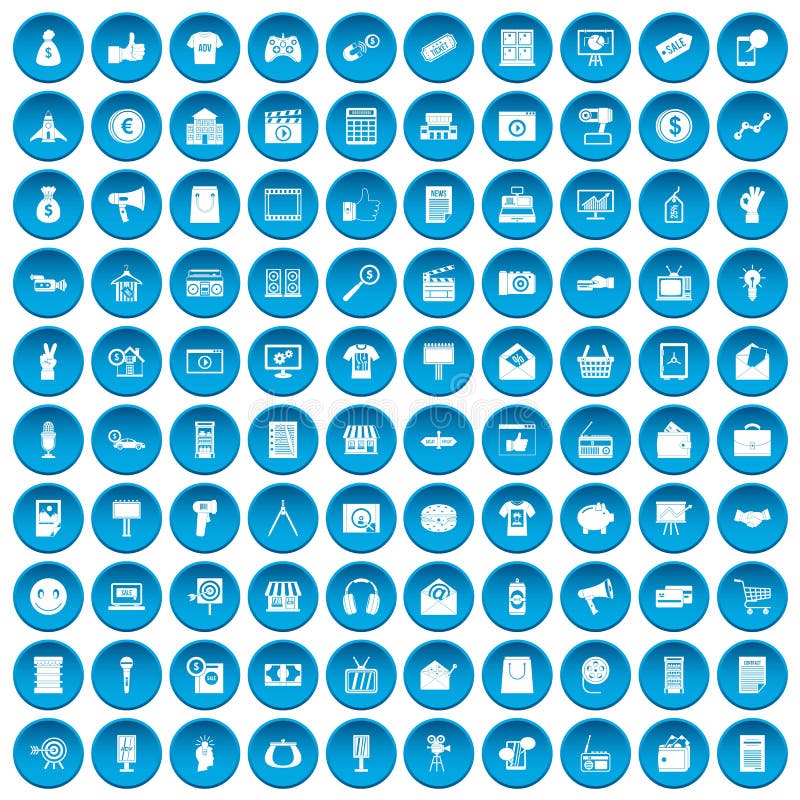 100 marketing icons set blue