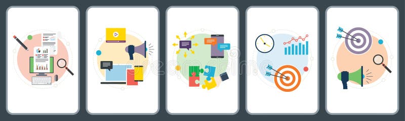 Marketing, strategy, analysis, communication and business icons stock illustration