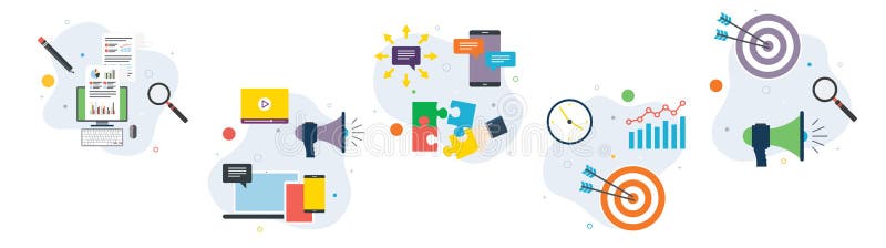 Marketing, strategy, analysis, communication and business icons stock illustration