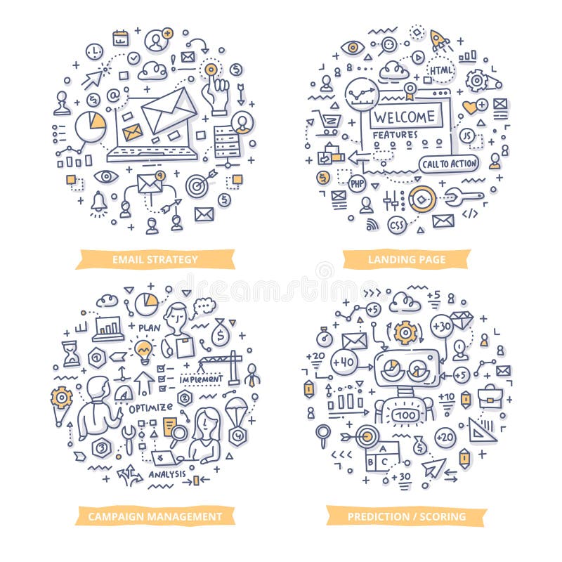 Marketingowe automatyzaci Doodle ilustracje Set 1 royalty ilustracja Marketingowe automatyzaci Doodle ilustracje Set 1 royalty ilustracja