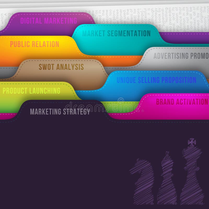 Business concept of marketing strategy represent in colorful folder with chess doodle. Brand activation, product launching, unique selling proposition, swot analysis, advertising promotion, public relation, market segmentation and digital marketing writing on it. Business concept of marketing strategy represent in colorful folder with chess doodle. Brand activation, product launching, unique selling proposition, swot analysis, advertising promotion, public relation, market segmentation and digital marketing writing on it