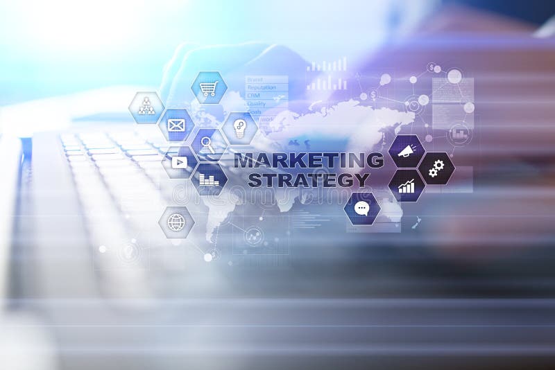 Marketingstrategiekonzept auf virtuellem Schirm Konzept des Internets, der Werbung und der Digitaltechnik Einkaufskorb mit Münzen stock abbildung