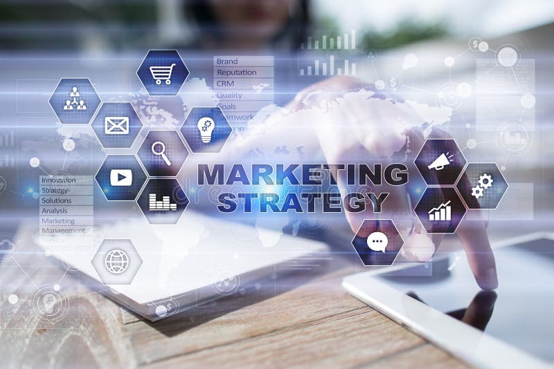 Marketingstrategiekonzept auf virtuellem Schirm Konzept des Internets, der Werbung und der Digitaltechnik Einkaufskorb mit Münzen vektor abbildung