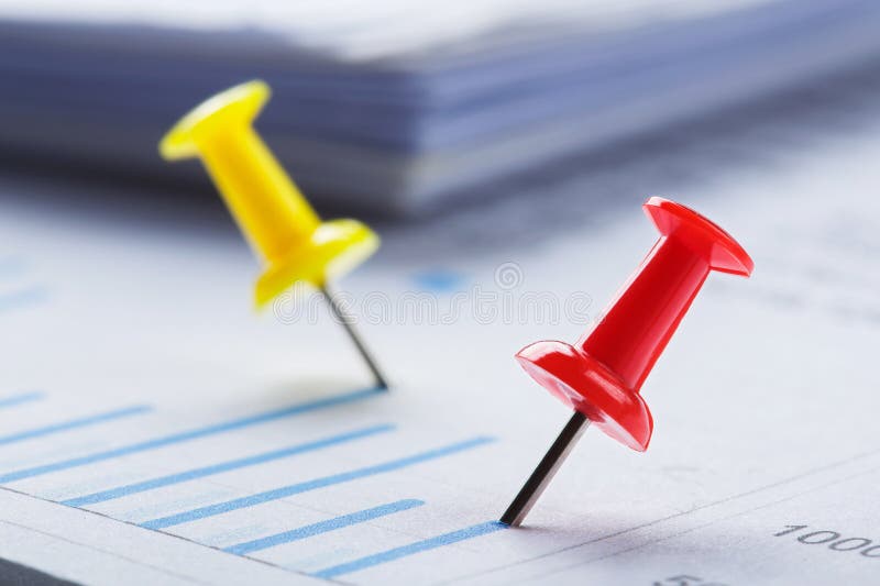 Marking Financial Chart by Pins.Share Listing and Checking Financial Chart Stock Photo Image