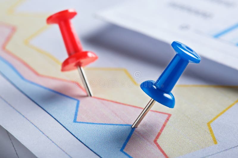 Marking Financial Chart by Pins.Share Listing and Checking Financial Chart Stock Photo Image