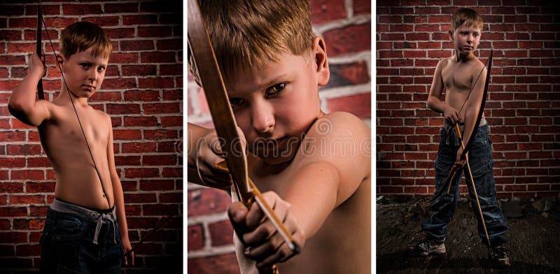 Collage of three pictures of lovely little boy drawing a bow and arrow. Red brick wall background. Collage of three pictures of lovely little boy drawing a bow and arrow. Red brick wall background.