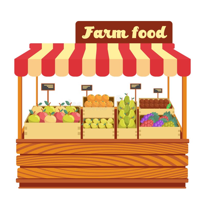 Markt houten tribune met landbouwbedrijfvoedsel en groenten in doos vectorillustratie royalty-vrije illustratie Markt houten tribune met landbouwbedrijfvoedsel en groenten in doos vectorillustratie royalty-vrije illustratie