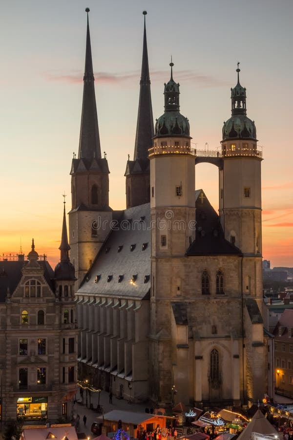 Marktkirche in Halle (Saale) at sunset during christmas time