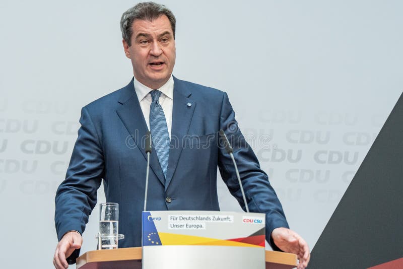 Markus SÃ¶der speaking in Berlin on 26th May 2019 during an election event. This man is a German politician, minister president of bavaria.