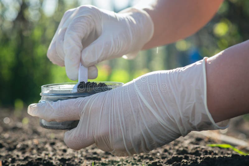 Soil science concept. A scientist is taking a sample of soil close up. Soil science concept. A scientist is taking a sample of soil close up