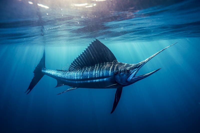 Marlin Fish Swimming Underwater in Deep Blue Ocean with Sun Rays