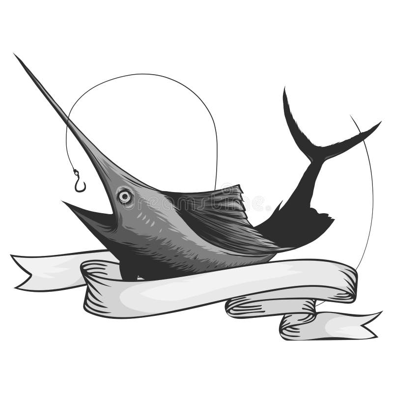 Marlin rybi logo Kordzika połowu emblemat dla sporta klubu Gniewna rybia tło tematu wektoru ilustracja royalty ilustracja Marlin rybi logo Kordzika połowu emblemat dla sporta klubu Gniewna rybia tło tematu wektoru ilustracja royalty ilustracja