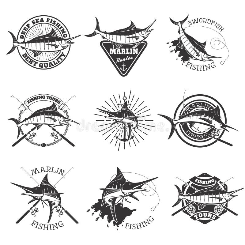 Marlinfiske Svärdfisksymboler djupt fiskehav Designelemen vektor illustrationer Marlinfiske Svärdfisksymboler djupt fiskehav Designelemen vektor illustrationer