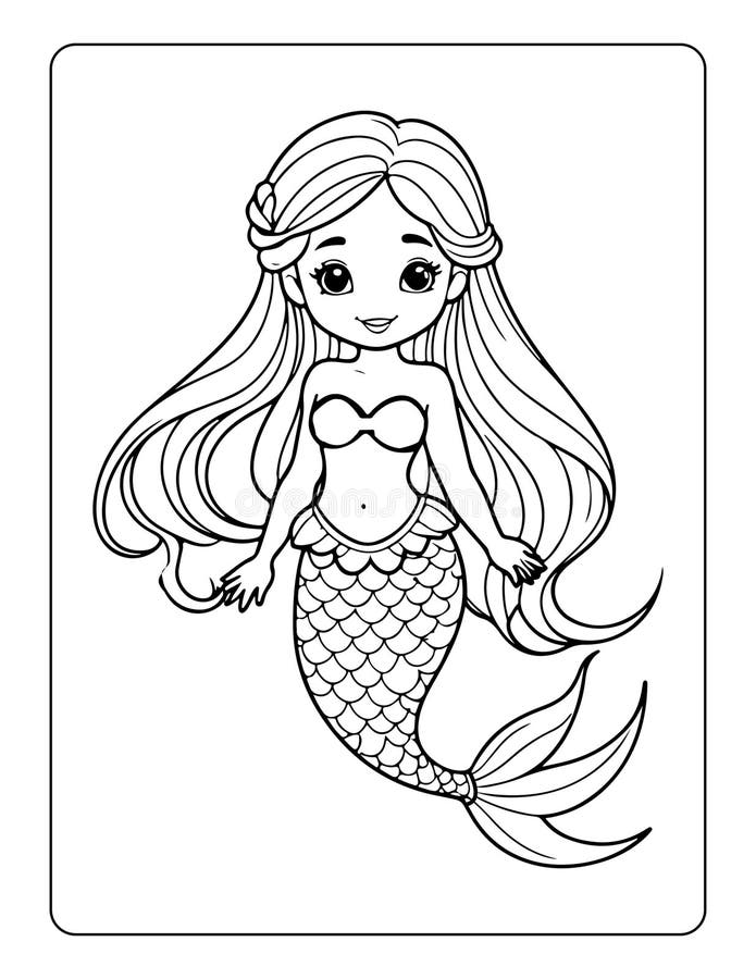 A Cute Mermaid Coloring Pages for Kids Stock Illustration