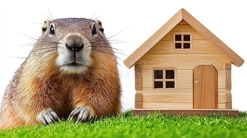 Marmota a olhar para uma casa, relva, fundo branco, compra de casa foto de stock