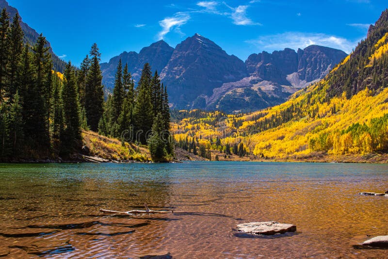 Maroon Bells and Maroon Bells Lake in Aspen, Colorado Stock Photo