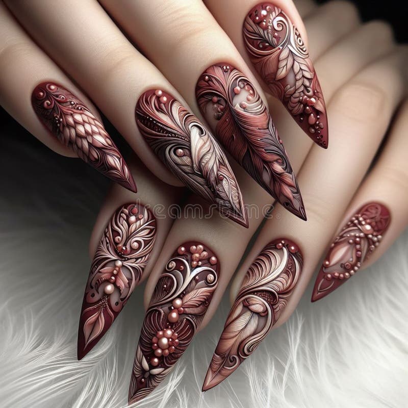 An elegant and intricate maroon nail art design, featuring a delicate floral motif and adorned with tiny pearls. This image highlights the latest trend in luxurious manicures. An elegant and intricate maroon nail art design, featuring a delicate floral motif and adorned with tiny pearls. This image highlights the latest trend in luxurious manicures.