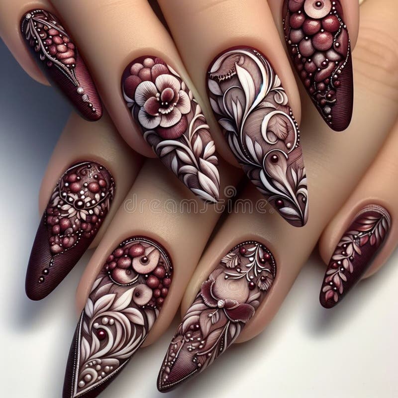 An elegant and intricate maroon nail art design, featuring a delicate floral motif and adorned with tiny pearls. This image highlights the latest trend in luxurious manicures. An elegant and intricate maroon nail art design, featuring a delicate floral motif and adorned with tiny pearls. This image highlights the latest trend in luxurious manicures.