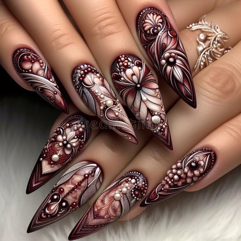 An elegant and intricate maroon nail art design, featuring a delicate floral motif and adorned with tiny pearls. This image highlights the latest trend in luxurious manicures. An elegant and intricate maroon nail art design, featuring a delicate floral motif and adorned with tiny pearls. This image highlights the latest trend in luxurious manicures.