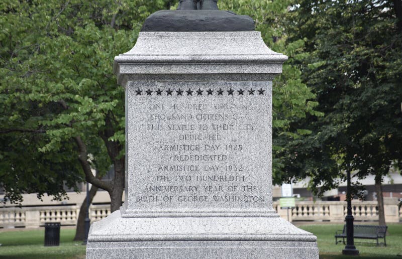 George Washington Statue Inscription in Washington Park, Kansas City Missouri, Washington Square Park, located by Crown Center, is a lovely 5-acre area of open space with grass, trees, pathways and a statue of George Washington mounted on a horse. George Washington Statue Inscription in Washington Park, Kansas City Missouri, Washington Square Park, located by Crown Center, is a lovely 5-acre area of open space with grass, trees, pathways and a statue of George Washington mounted on a horse.