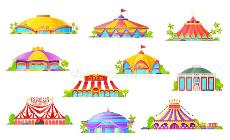 Big top tent circus isolated icons, cartoon building and carnival striped marquees with flags. Chapiteau circus, amusement fair park and funfair entrance, entertainment industry. Big top tent circus isolated icons, cartoon building and carnival striped marquees with flags. Chapiteau circus, amusement fair park and funfair entrance, entertainment industry