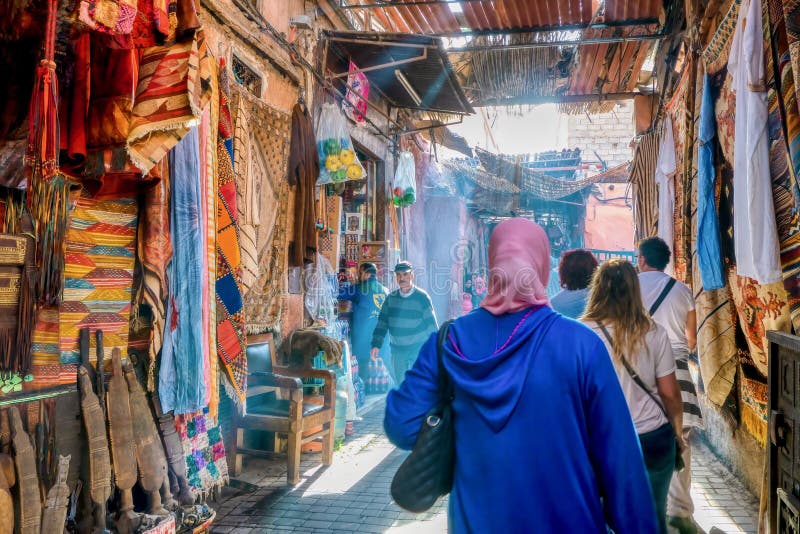 A typical day in the colorful market of Marrakech, Morocco.