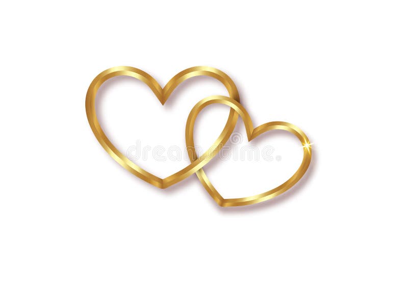 Marriage rings. Two golden interlocking hearts isolate on transparent or white background. 3d vector illustration happy valentine