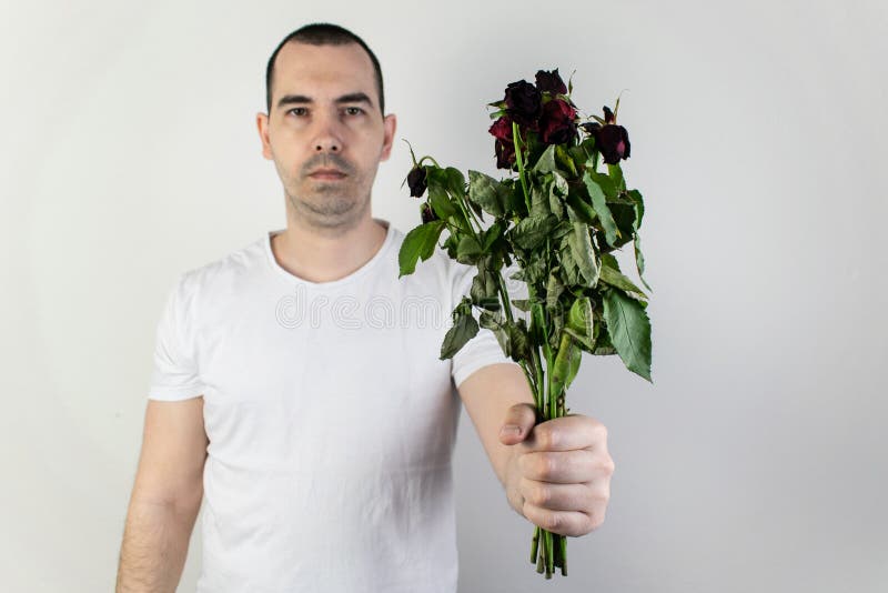 Marridge Problems, Man Hold Old Dead Flowers Couples Divorce Depression
