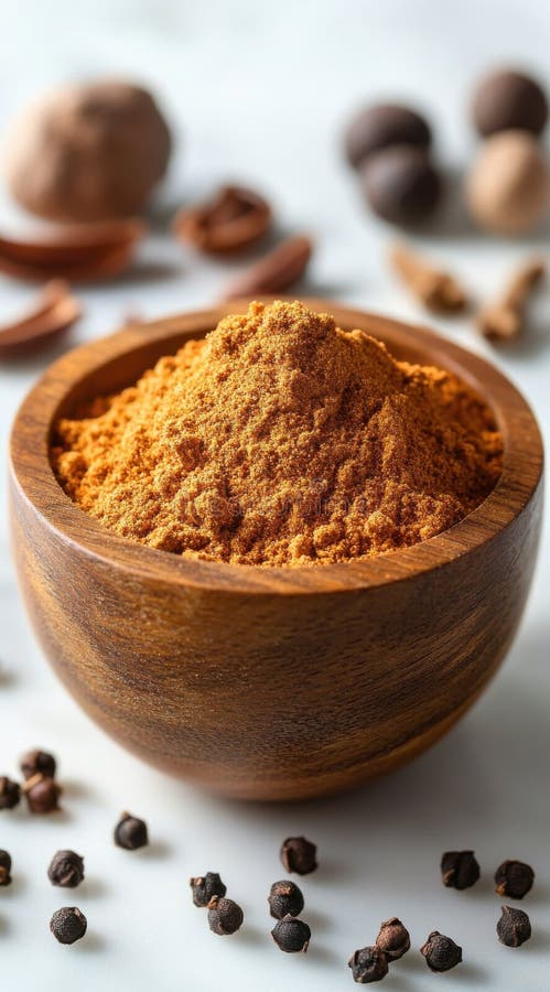 Marrone arancione in polvere in Wooden Bowl con Peppercorns e Nutmeg illustrazione vettoriale