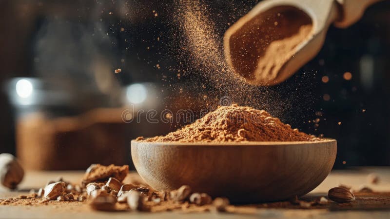 Marrone Spice Powder Cadendo in Wooden Bowl illustrazione di stock