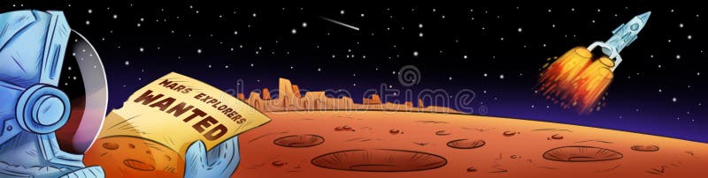 Mars badacze chcieli r?ka rysuj?cego komiczka stylu kresk?wki sztandar Eksploracja przestrzeni kosmicznej, kolonializacja przestr royalty ilustracja Mars badacze chcieli r?ka rysuj?cego komiczka stylu kresk?wki sztandar Eksploracja przestrzeni kosmicznej, kolonializacja przestr royalty ilustracja