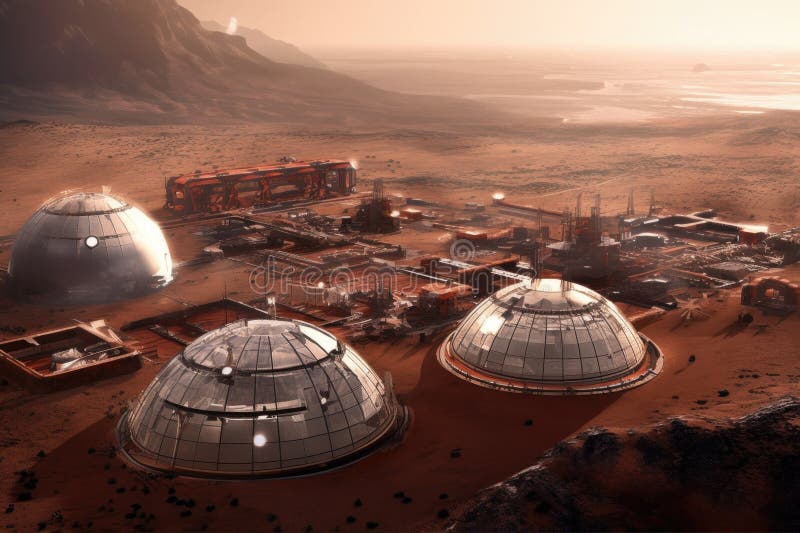 Mars colonization base with dome structures stock illustration