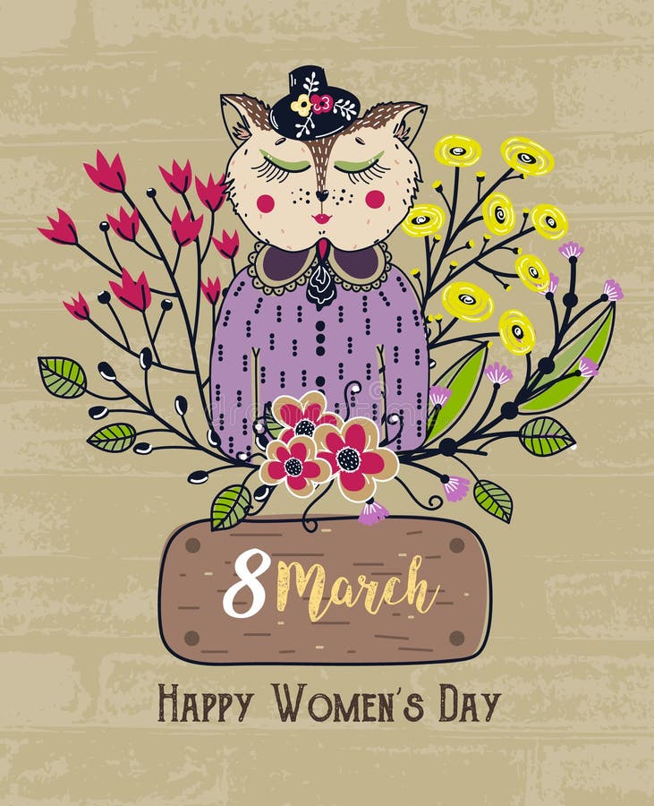 8 mars Lycklig dag för kvinna` s Färgrik hälsningbakgrund med den gulliga katten i blommor Vårferie Skissa av djur vektor illustrationer 8 mars Lycklig dag för kvinna` s Färgrik hälsningbakgrund med den gulliga katten i blommor Vårferie Skissa av djur vektor illustrationer