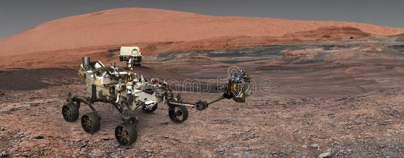 Mars. The Perseverance rover deploys its equipment against the backdrop of a true Martian landscape. Exploring Mission To Mars.