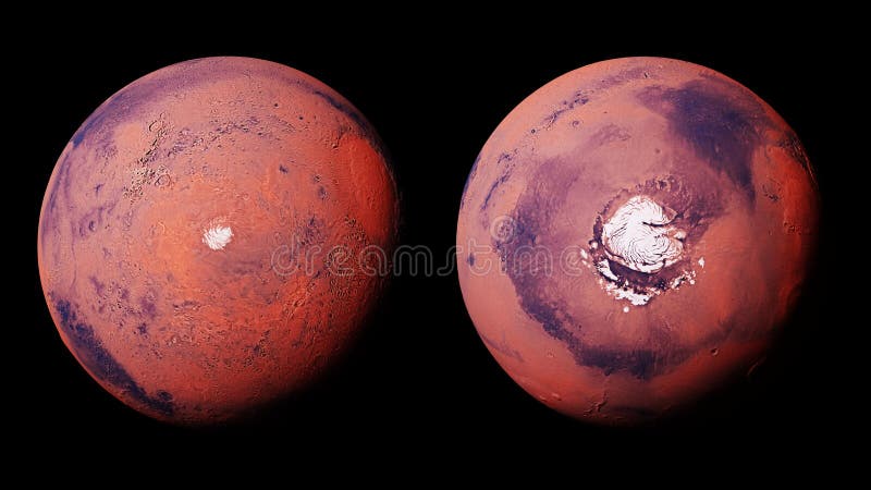 Mars with the Red Planet`s north and south polar ice cap, isolated on white background