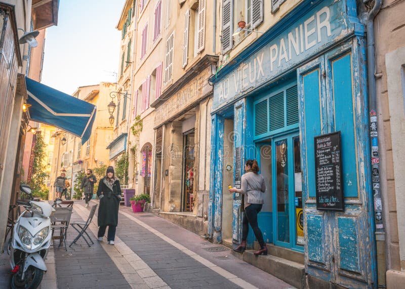 Rue du Panier or The Panier street old Town area of Marseille with restaurant and shops in France