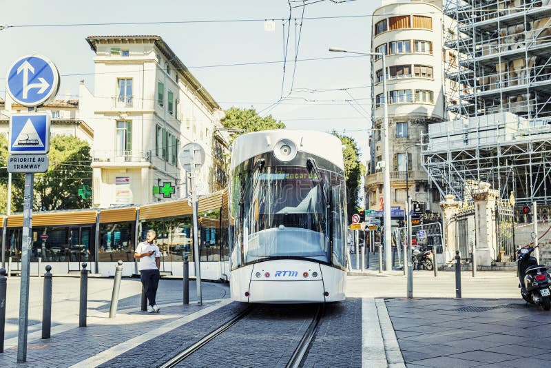 Marseille, France, 10/07/2019: Tram on a city street. Front view. Marseille, France, 10/07/2019: Tram on a city street. Front view.