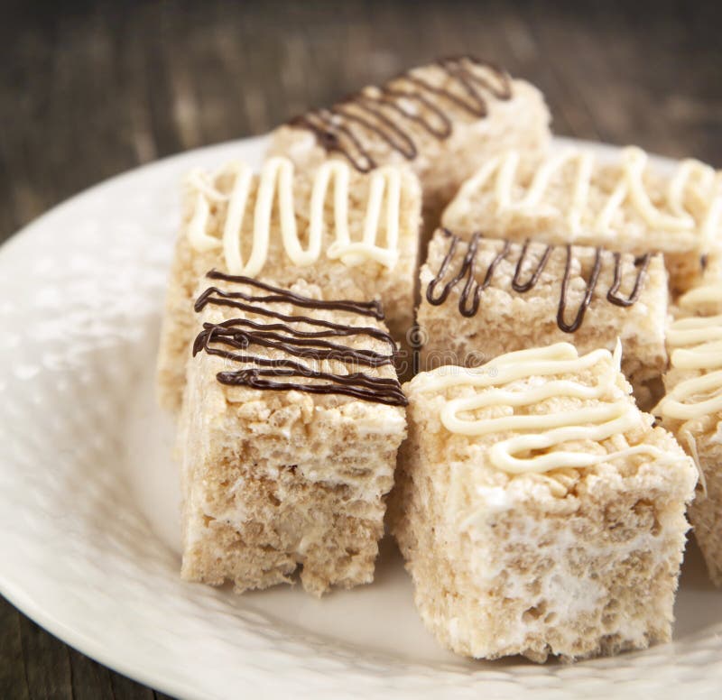Marshmallow Rice Crispy Dessert Bar with Chocolate Stock Photo Image